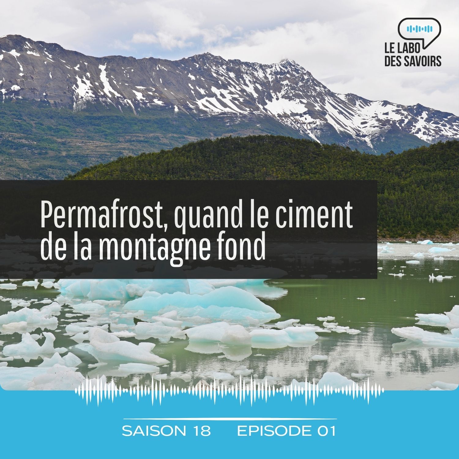 Des montagnes avec peu de neige domine un lac où des morceaux de glaces flottent sur l'eau verte
